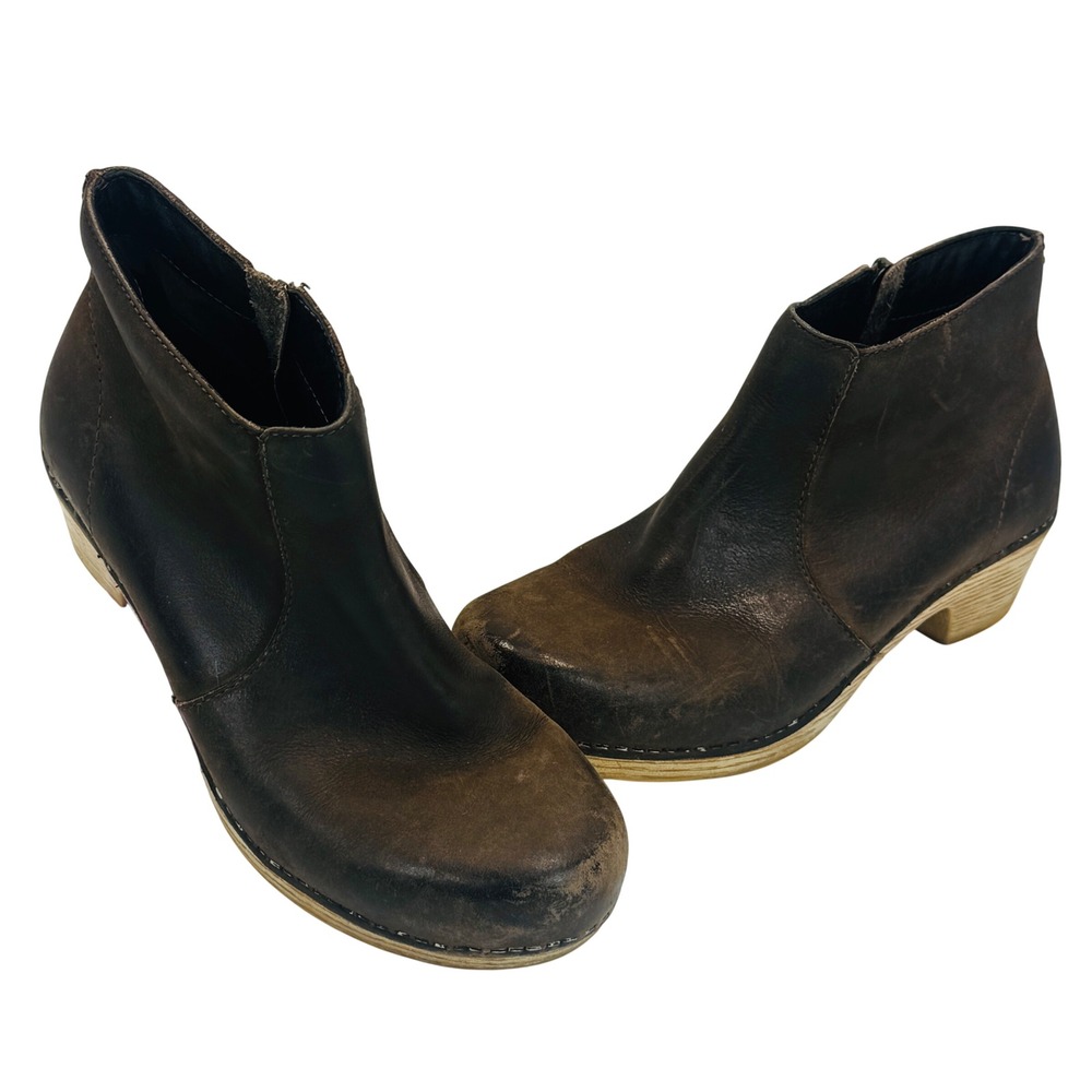 Dansko‎ Maria Brown Leather Clog Ankle Boots Wood Heel Womens 36 Rustic Cottage